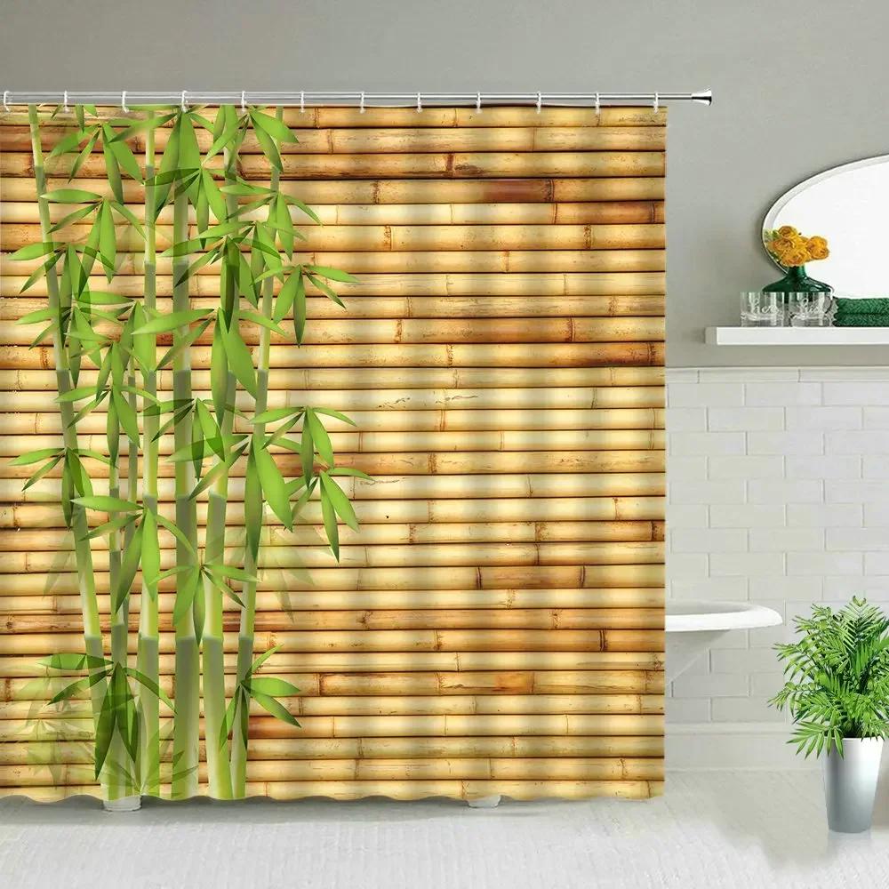 Modern Green Natural Bamboo Series Shower Curtain Set Waterproof Home Bathroom Decor Curtains With Hook Popular Bath Accessori