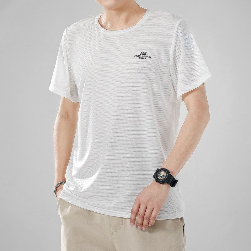 Summer High end Experience! Stretch on All Sides! Ice Silk Breathable T-shirt Men's Short Sleeve Top round Neck Foreign Trade Cut the Tag off Tide