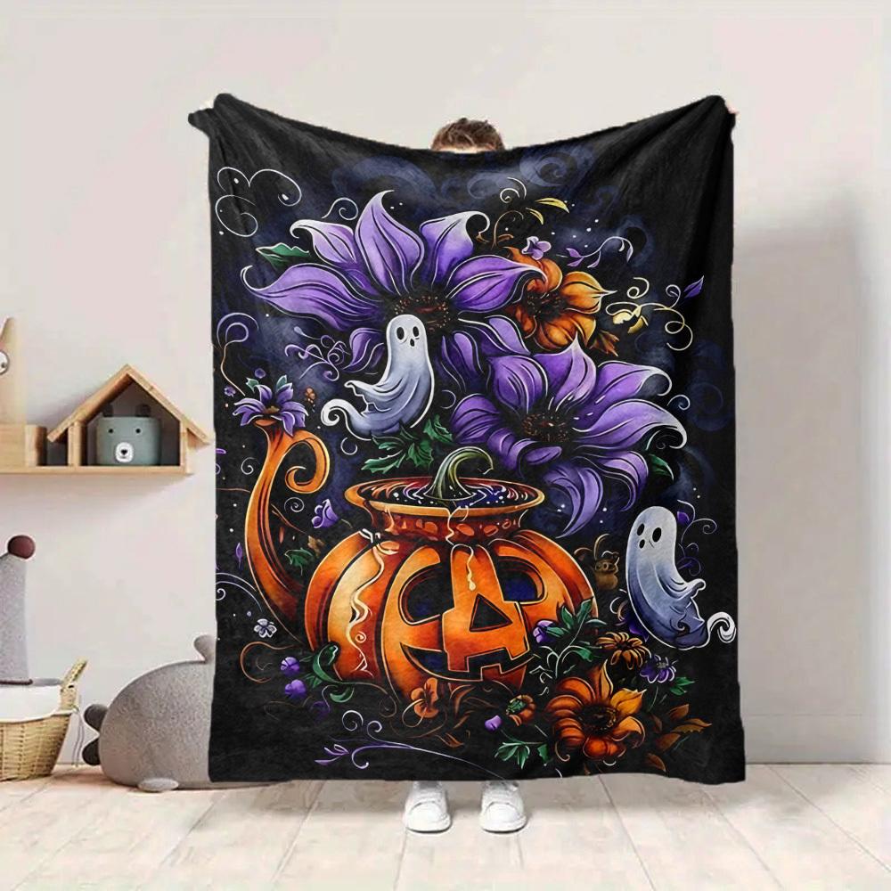 1pc Halloween Flowers Blanket, Lightweight Flannel Throw Blanket for Sofa, Bed, Travel, Camping, Living Room, Office, Couch057