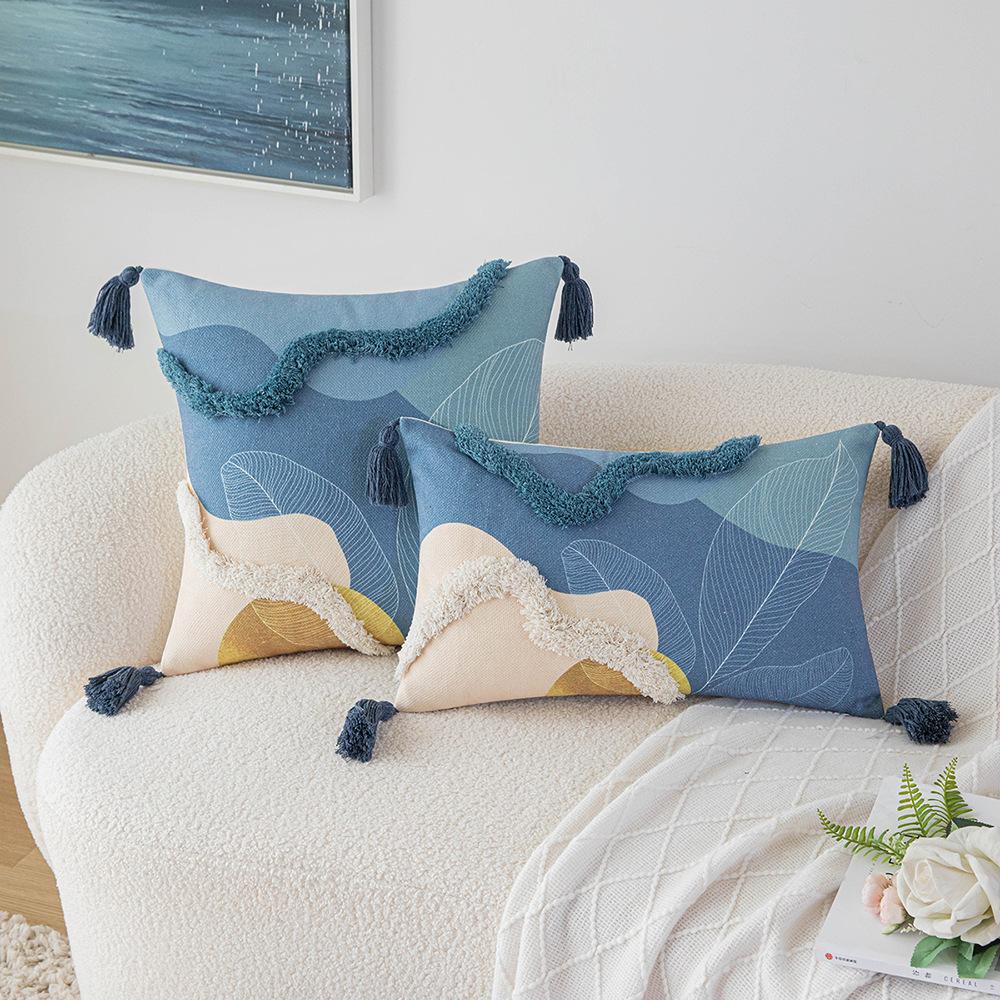 Morandi Color Tufted Pillow Case Ins Style Printed Tassel Pillow Living Room Sofa Cushion Cover Simple Waist Pillow