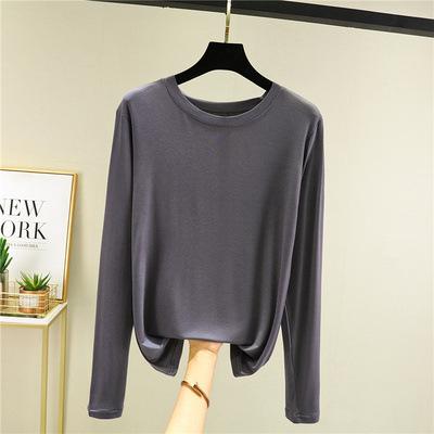 Damen Modal Langarm T-Shirt Rundhalsausschnitt Einfarbig Schmale Passform Basic Unterhemd Dünn Vielseitig Lässiges Oberteil