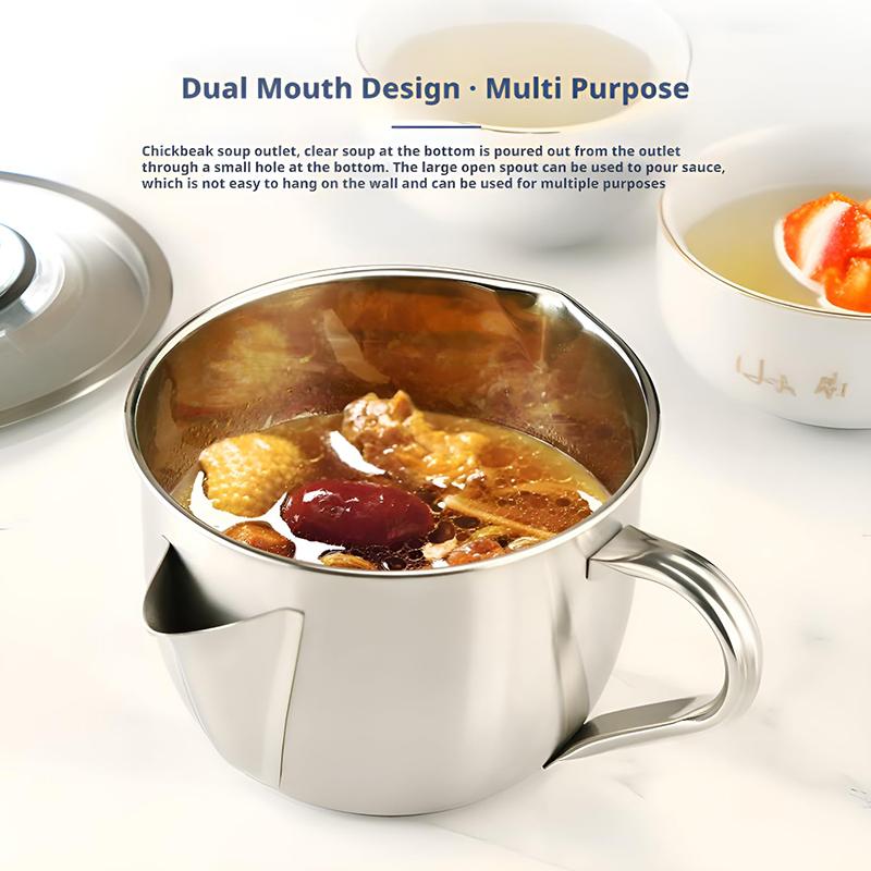 Separator de Grăsime cu Capac și Design cu Gura Dublă, Strecurătoare din Oțel Inoxidabil pentru Sosuri și Gravy pentru Supă, Ciorbă, Tocană, Mâner Rece la Atingere