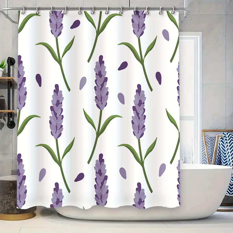 

Purple Lavender Shower Curtain With Green Leaves Decorative Waterproof Fabric Home Bath Decoration (White) W60H190(CM)-1 Pcs