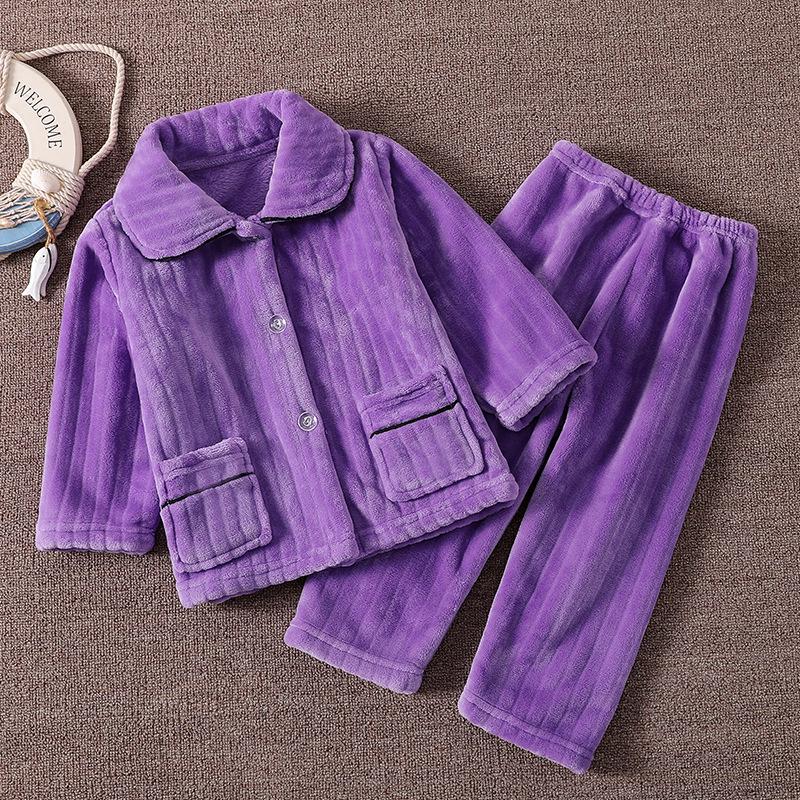 Kids' Flannel Pajama Set - Thick Coral Fleece Cardigan for Boys & Girls, Perfect for Autumn & Winter.