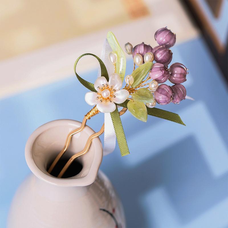 Purple Flower Hair Combs Chinese Hairpins Clips Tassel Pendant Jewelry Women Hanfu Dress Cosplay Pearl Butterfly Headpieces