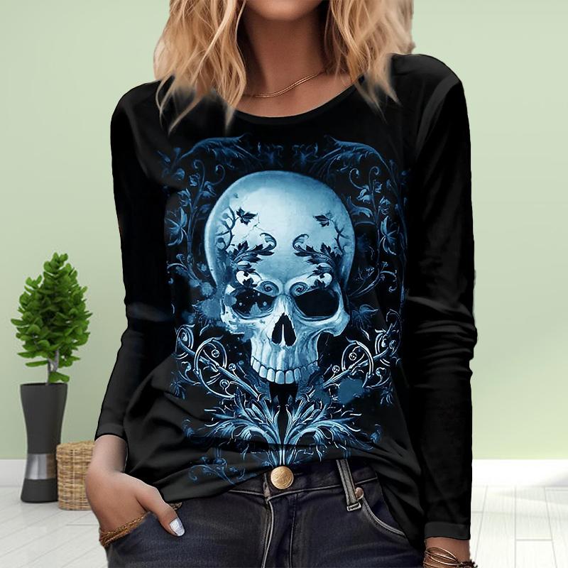 

Женские осенние топы с ужасающим принтом черепа, повседневная футболка с длинным рукавом, топ, блузка 7XL синий