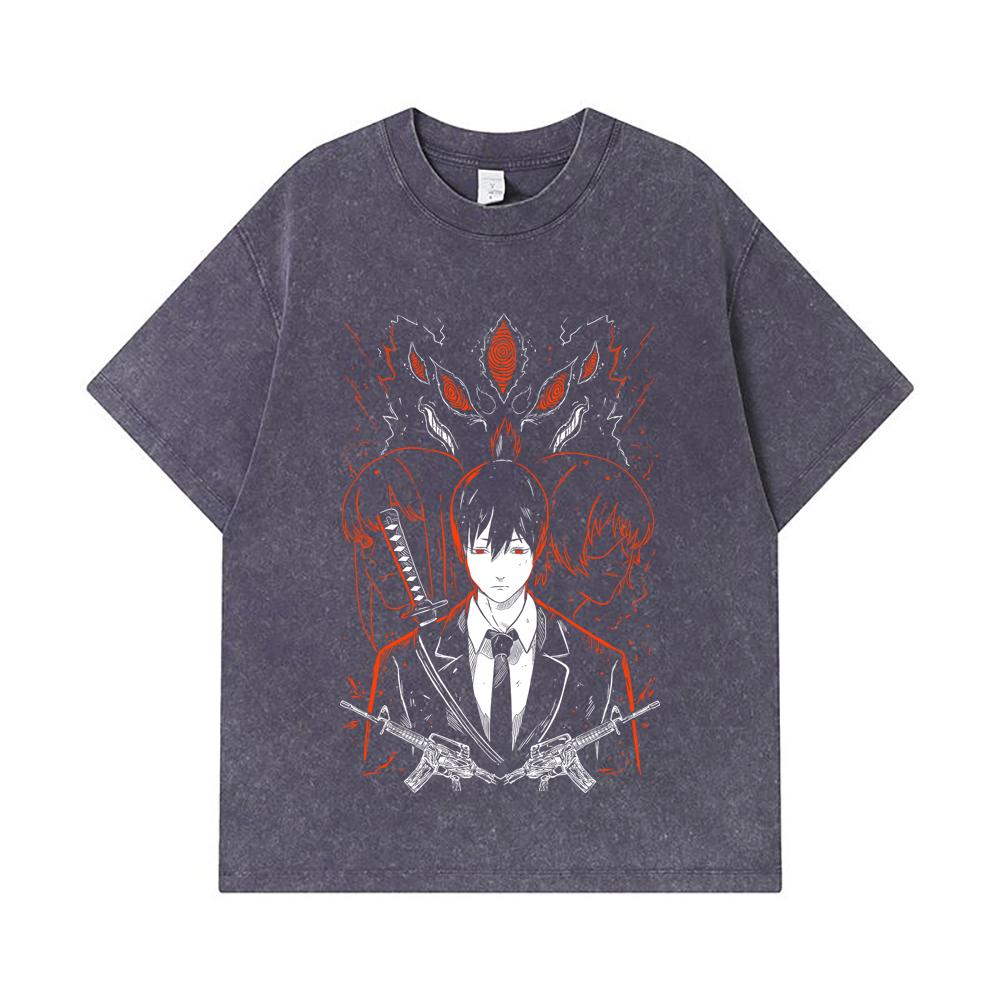 Koszulki GSM Washed Bawełna Chainsaw Man V Aki Nadruk Unisex Ciężka Bawełniana Koszulka