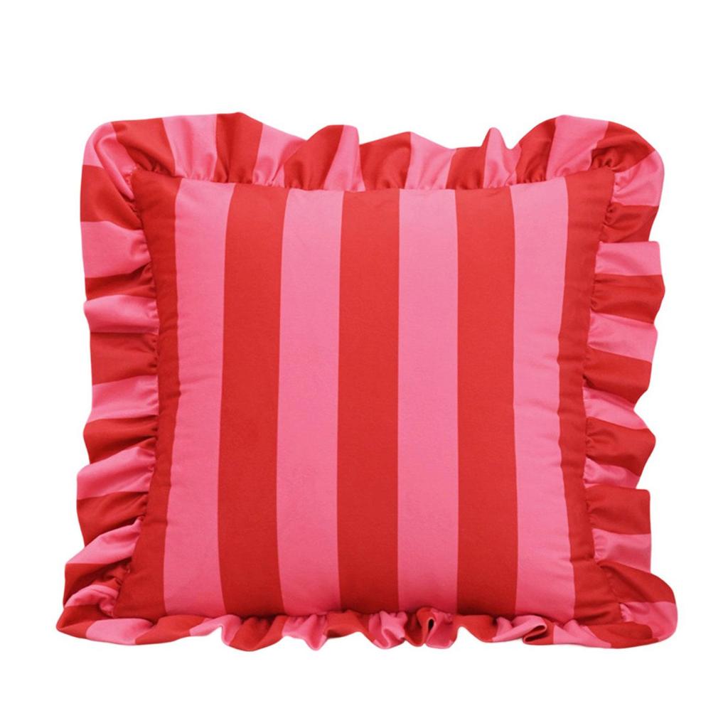 Stylish Square Pillow Cover With Ruffled Trim and Striped Pattern Design Throw Cushion Case For Sofa Bedroom Decors