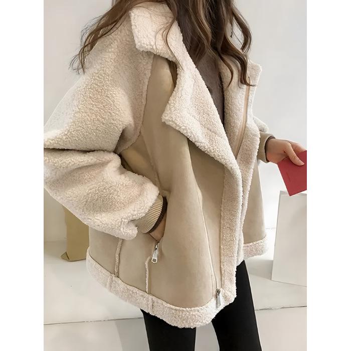 Women's Motorcycle Jacket - Faux Lamb Wool, Autumn/Winter, Particle Velvet, Thickened Leather & Fur Blend, Small Size.