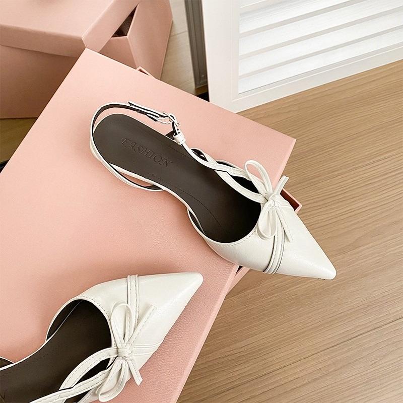 

Сандалии-баотоу в стиле темперамент с бантом, женская летняя обувь, J-образный острый носок, с мелким вырезом, универсальные, на высоком каблуке с одним ремешком 40