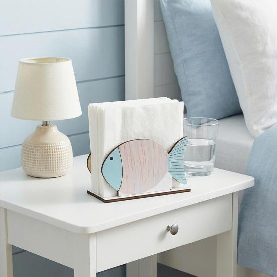 Wooden Paper Towel Holder, Universal Size Solid Wood Paper Towel Stand with Ocean Style Tropical Fish Sailboat Patterns for Kitchen Dining Table Decor