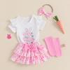 Baby Girls Easter Outfits Letter Embroidery Flying Sleeve Romper + Bunny Print Skirt + Bow Headband + Socks
