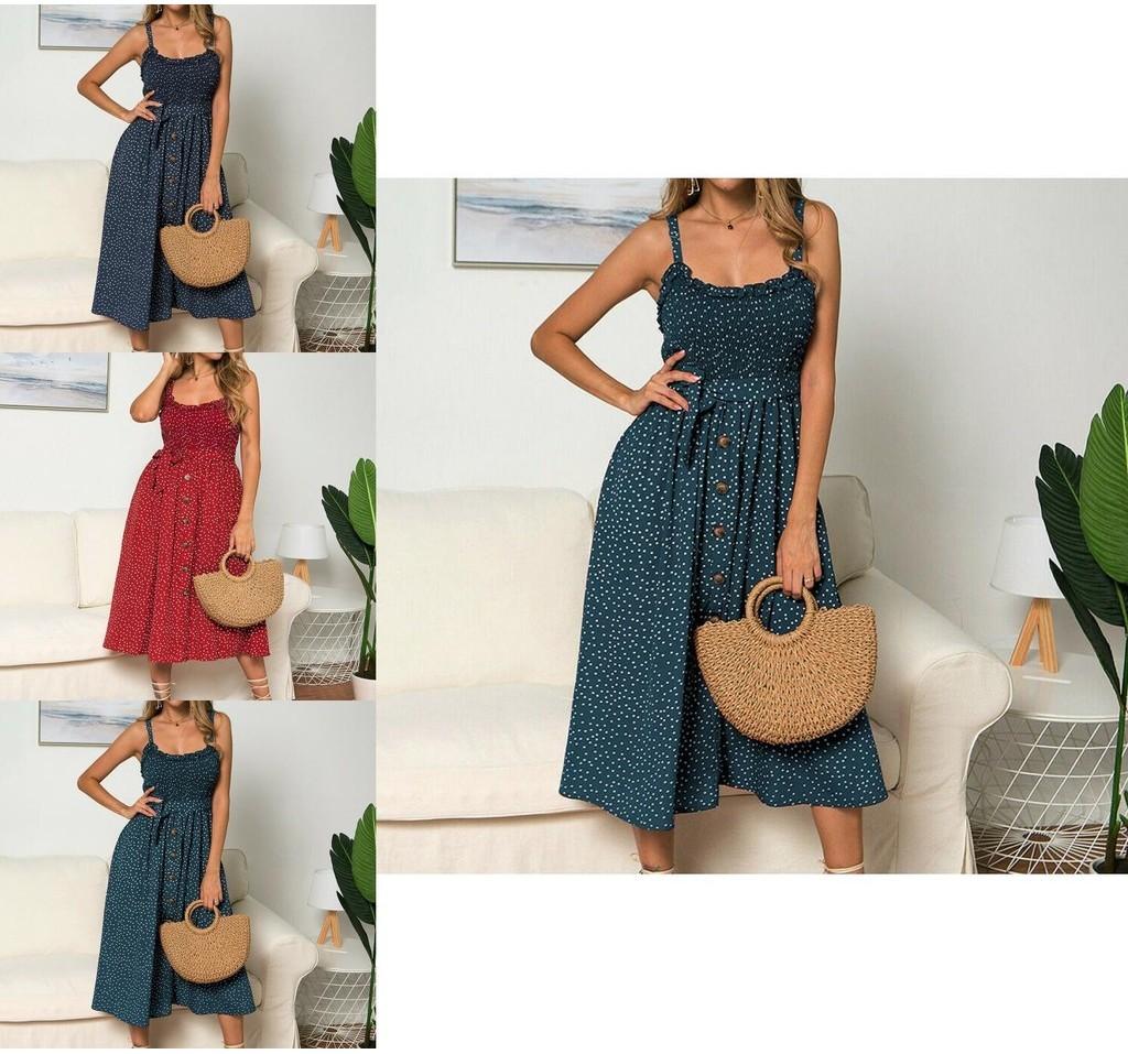 Polka Dot Print Princess Dress With Ruffle Trim Spaghetti Straps