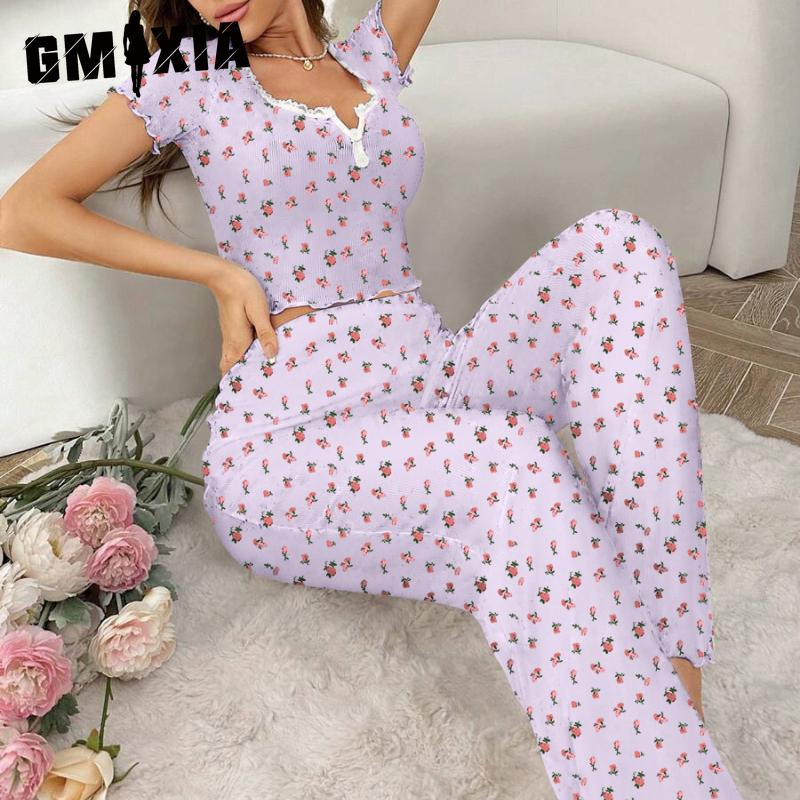 

GMXIA Женская домашняя одежда Сексуальная повседневная модная Сексуальная с коротким рукавом Длинные брюки Пижама Набор из двух предметов S светло-фиолетовый