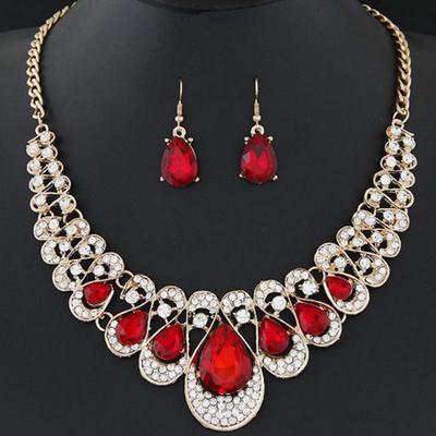 2Pcs/Set Exaggerated Noble Necklace Earrings Multicolor Water Drop Faux Gem Pendant Necklace Earrings
