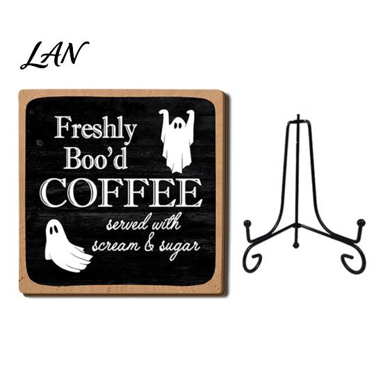 Desktop Ornaments for Home Halloween Coffee Bar Wooden Sign with Iron Display Stand Corner Small Plaques Counter Tabletop Decor, Rustic Wood