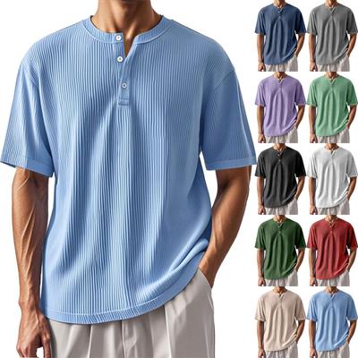 Men's Summer Solid Color Stripe Texture Button Collar Short Sleeve Tops Men's Casual Loose Fashion Tops