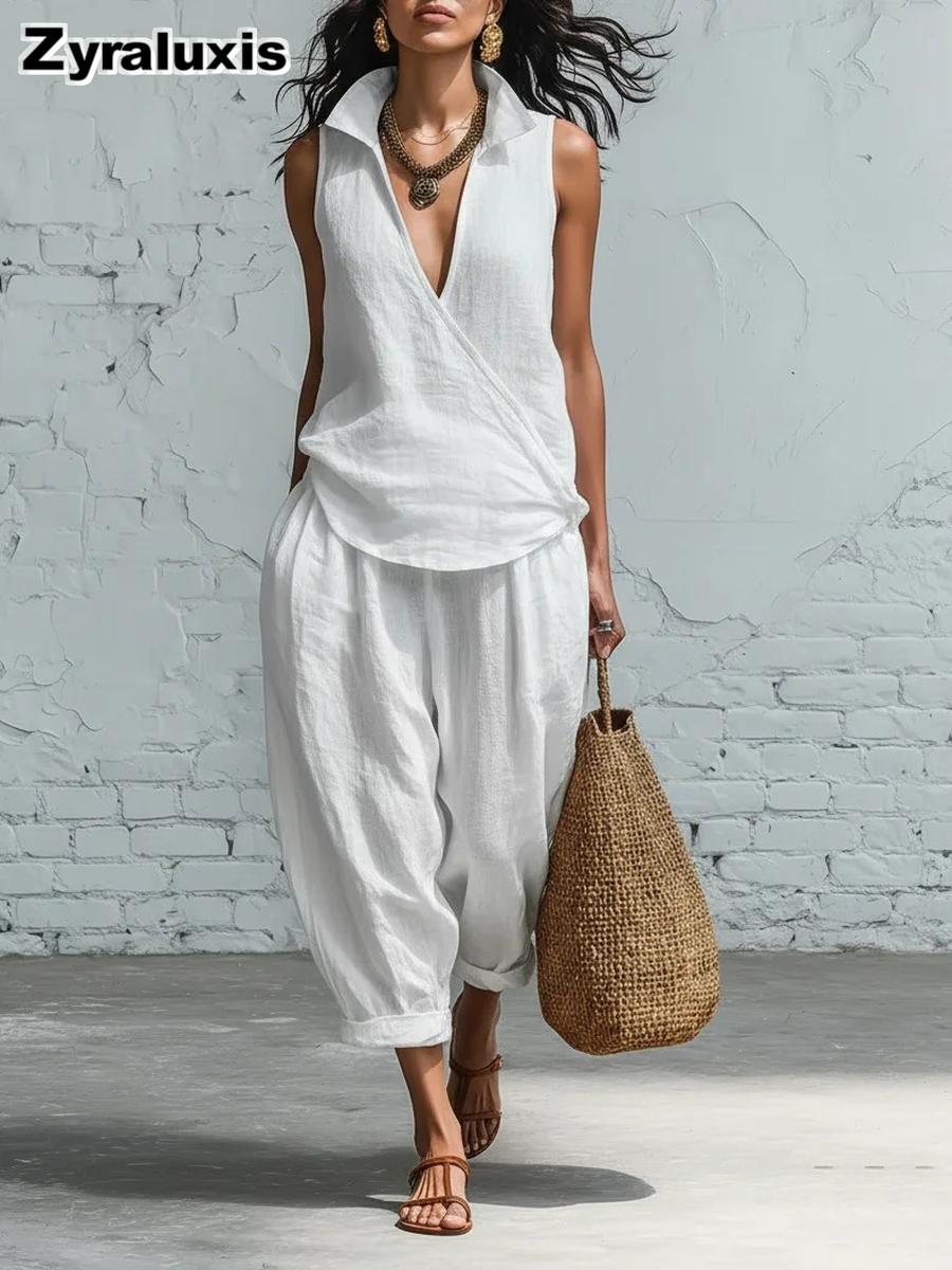 Oversized Shirt and Wide Leg Pants Women s Two Piece Set S белый