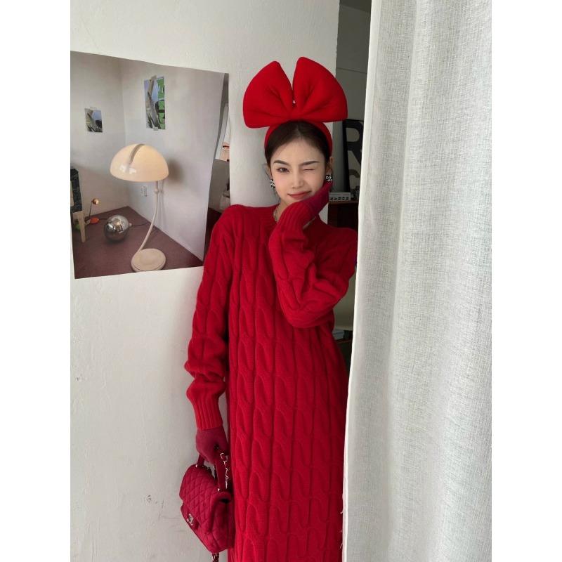 

New war robe Christmas women s clothing temperament socialite high-end knitted dress autumn and winter red sweater bottoming skirt S красный