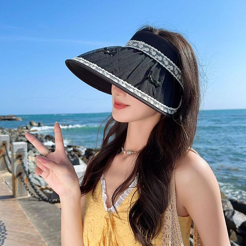Beach Sun Protection Hat For Women Summer Big Brim Sun Protection Face Shading Beach Vacation Lace Bow Sun Protection Hat