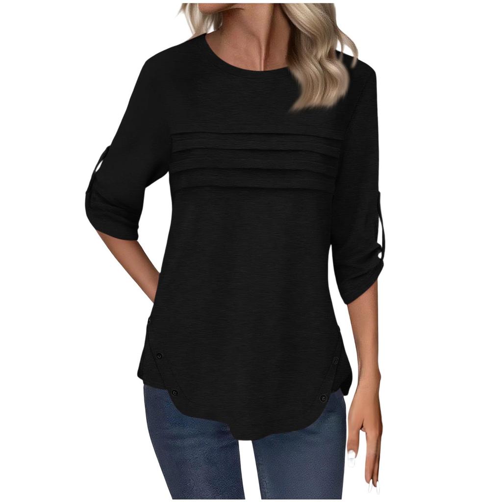 Ladies' Casual Fashionable Loose And Comfortable Round Neck Long Sleeved Button Hem Color Top