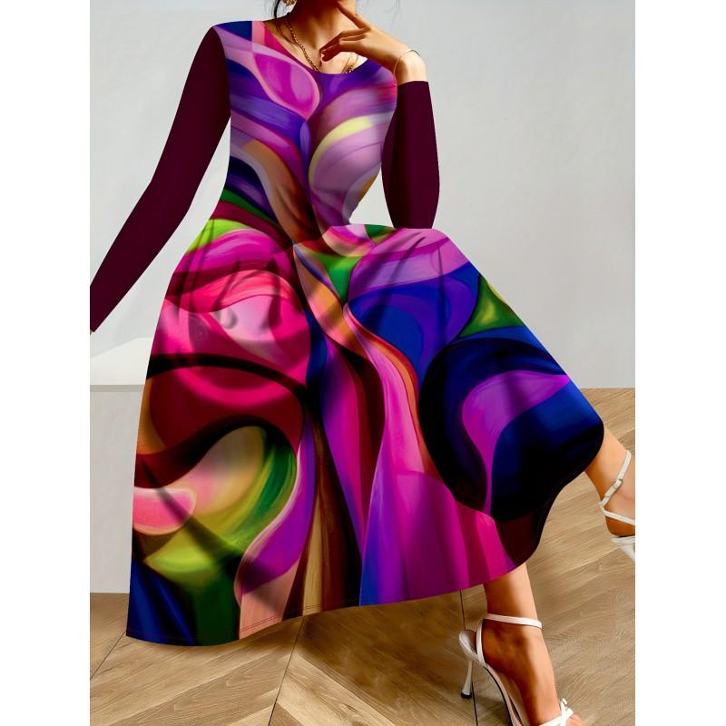 Womens Purple Floral Print Long Sleeve Maxi Dress - Elegant Party In Milk Silk Fabric