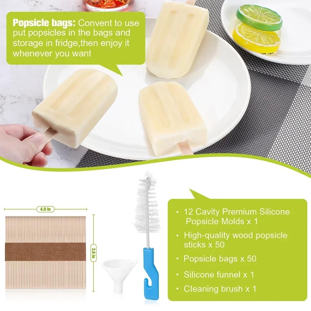 Silicone Ice Lolly Mould Tools with 50 Ice Cream Sticks and Packaging Bag DIY Ice Cream Maker Can Make 12pcs Ice Cream At Once
