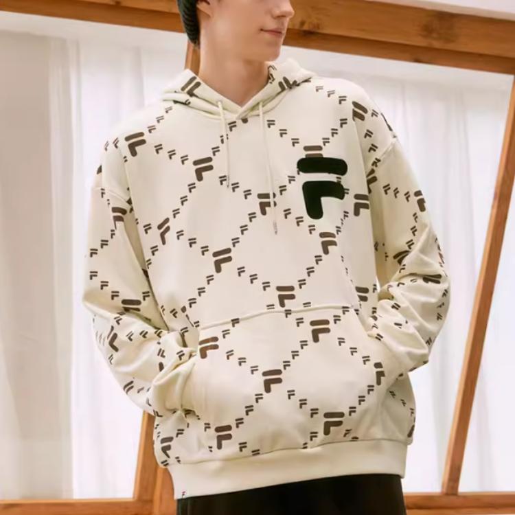 Fila Fusion Full Print Logo Pullover Sports Hoodie Unisex Hoodies Antique-White T11U216205FIV
