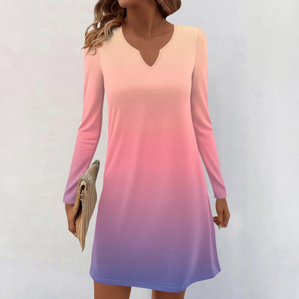 Women's Long-sleeved Casual Midi Dresses V-Neck Print  Casual Dress