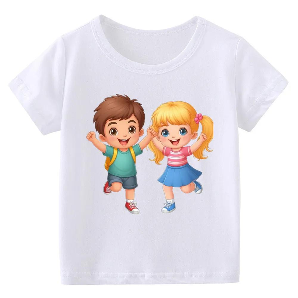 Kids Tales Girls Summer Tshirt Short Sleeve Crew Neck Top Modal Fabric Roundneck Cartoon Print Shirt