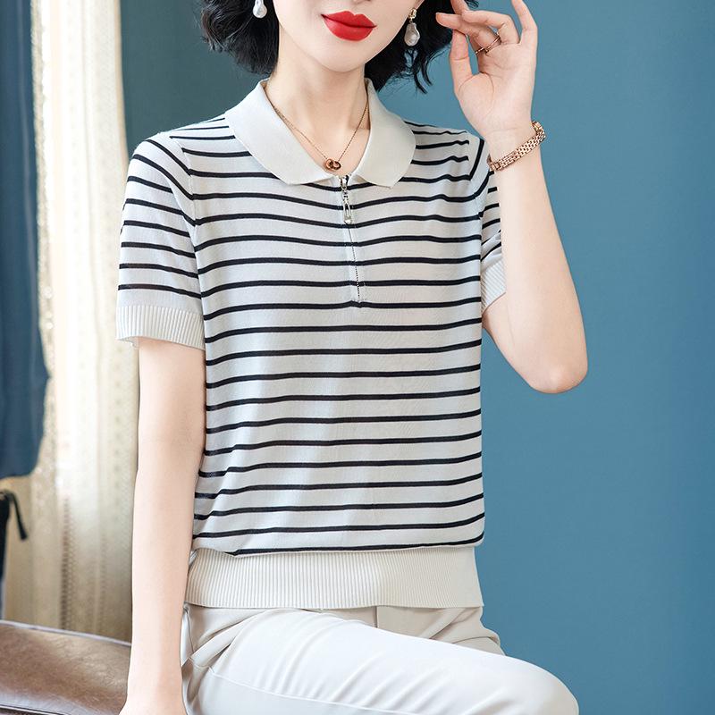 

Stylish Mulberry Silk Striped Short-Sleeve Zipper Lapel Blouse for Middle-Aged and Elderly Women L (80-100 lbs)