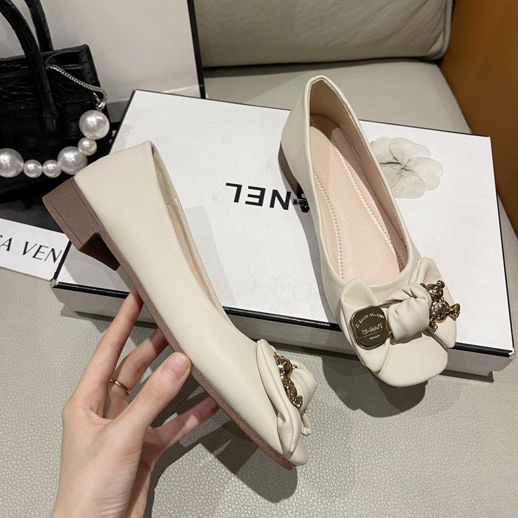 Elegant Bowknot Ballerina Women's Shoes Square Toe Low Heel Shoes Comfort Slip-On Ladies Leather Soft-soled Single Shoes Women