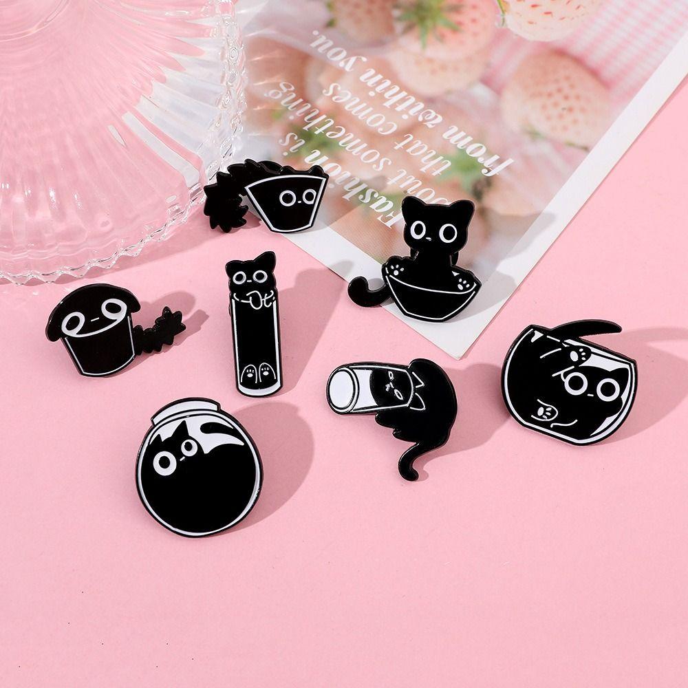 Fish Tank Black Kitten Brooches Cup Cat Metal Badge Animal Jewelry Gift Black Cat Enamel Pin  Coat