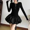 Autumn Women's Temperament Sexy Lace-up Flower Buds Short Skirt Long-sleeved Slim Dress
