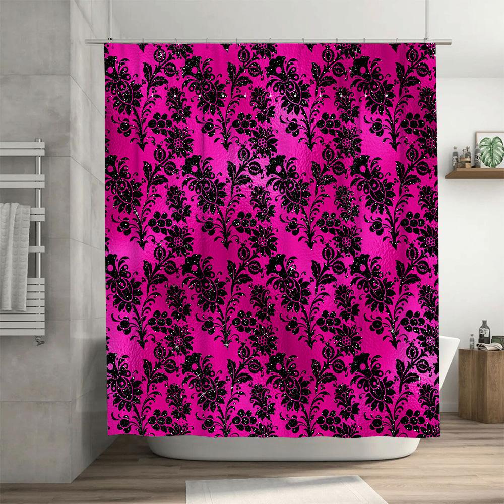 Luxury Bathroom Decor: Damask Print Shower Curtain in Black Pink with Floral Design Waterproof Fabric for Home Bath Decorations