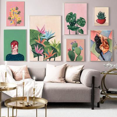 Pflanze Kaktus Monstera Wand Kunst Leinwand Malerei Abstrakte Pflanze Nordic Poster und Gedruckt Weibliche Katze Bilder