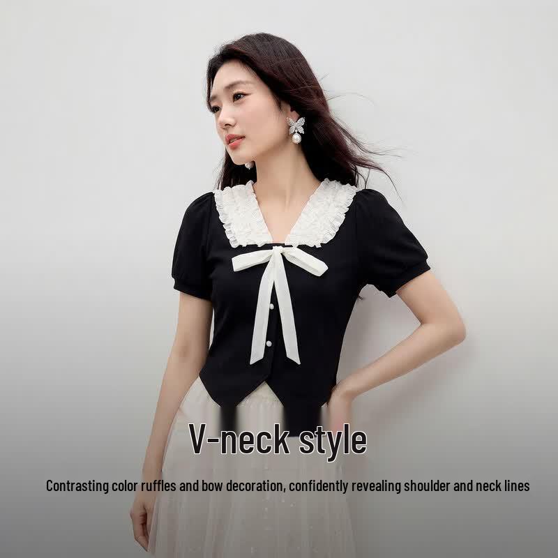 Qiushui Yiren Women's Slim Fit V-Neck T-Shirt