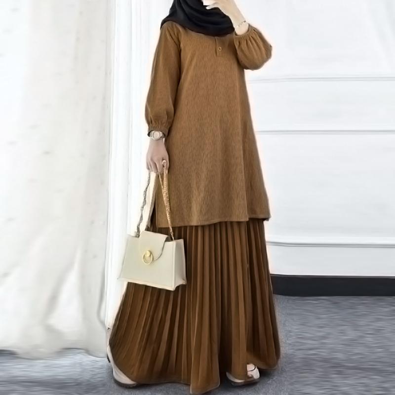 

ZANZEA Женская блузка с длинным рукавом и плиссированные юбки, повседневные костюмы-двойки 3XL коричневый