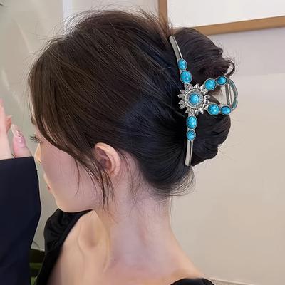 Bohemian Style Sunflower Hair Claw Clip with Imitation Turquoise and Pearls, Vintage Alloy Large Oblong Shark Clip for Women
