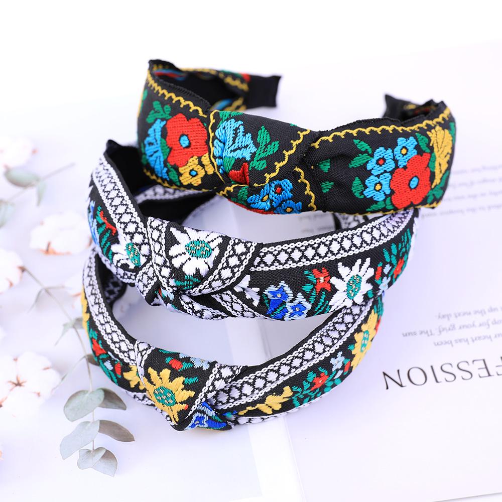 New Retro Knotted Headband For Women Hair Accessories Girls Flower Embroidery Elastic Hairbands Hair Hoops Band Headwear Bezel