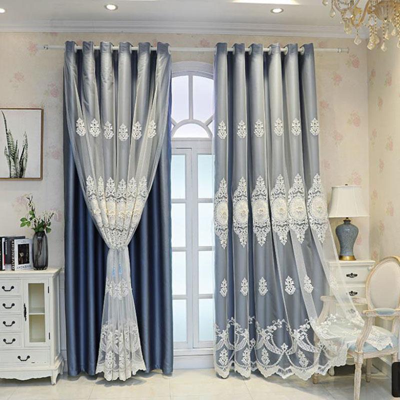 Cortinas Blackout Cortinas Europeias de Camada Dupla Fio Sala de Estar Quarto Blackout Luxo Bordado em Relevo Varão de Cortina