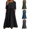 O-Neck Half Sleeve High Waist Pockets Casual Dress Women Pleated Flowy Hem Solid Midi Dress