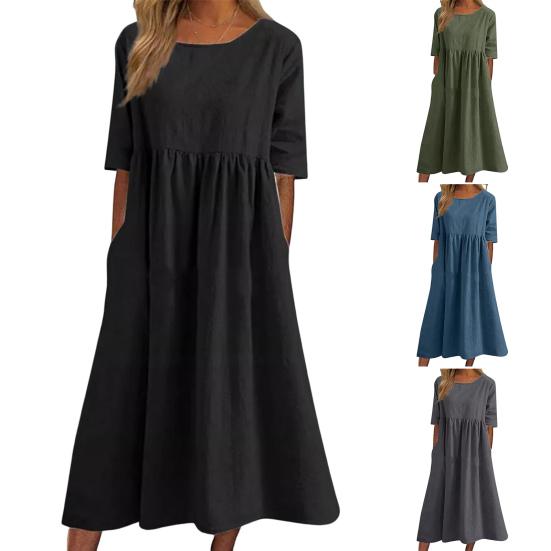O-Neck Half Sleeve High Waist Pockets Casual Dress Women Pleated Flowy Hem Solid Midi Dress