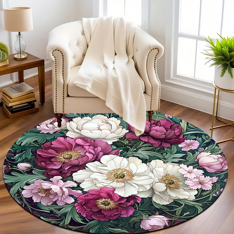 Vintage Peony Floral Round Rug Non-Slip Machine Washable Floor Mat 2D Flat Soft Area Rug for Bedroom Home Decor Gift