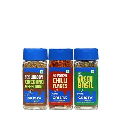 CRISTA Basic Italian Spices Combo Pack | Chilli Flakes X 1, 30 Gms | Basil X 1, 15 Gms | Oregano Seasoning X 1, 50 Gms | Pack of 3 | Zero Added Colour