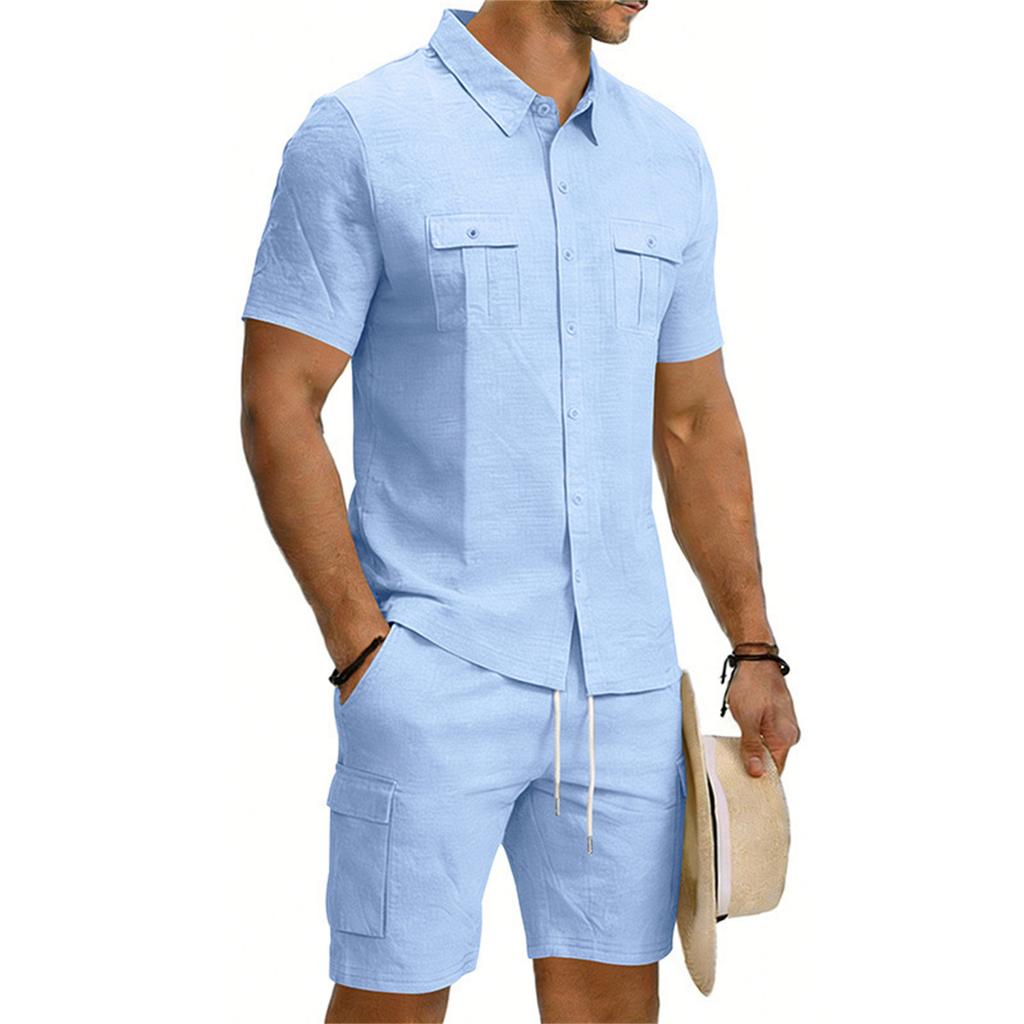 Men's Casual Short-sleeved Tooling Shirt Multi-pocket Shorts Set
