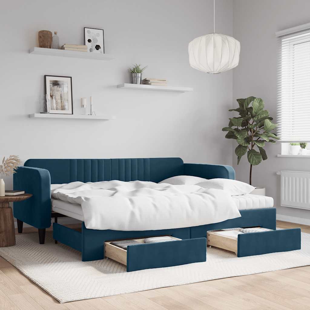 Extendable Daybed with Drawers Blue 90x200 Cm Velvet
