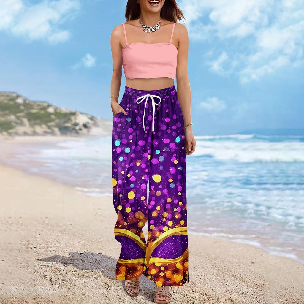 Women Summer Boho Palazzo Pants High Waist Wide Leg Printing Casual Trousers With Pockets