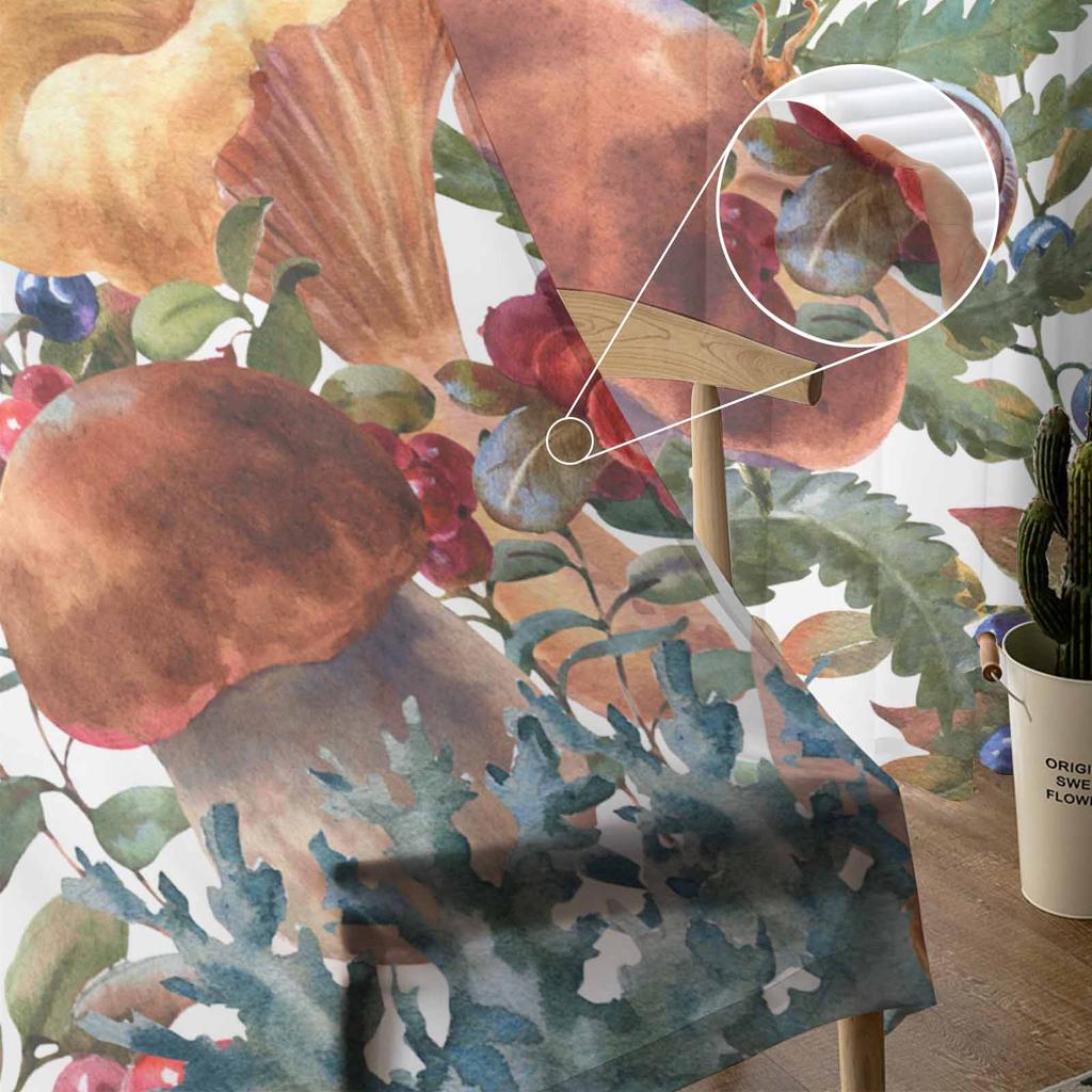 Retro Mushroom Fern Plant Fruit Pine Cone Autumn Sheer Curtains for Kids Bedroom Living Room Voile Window Curtains Tulle Drapes