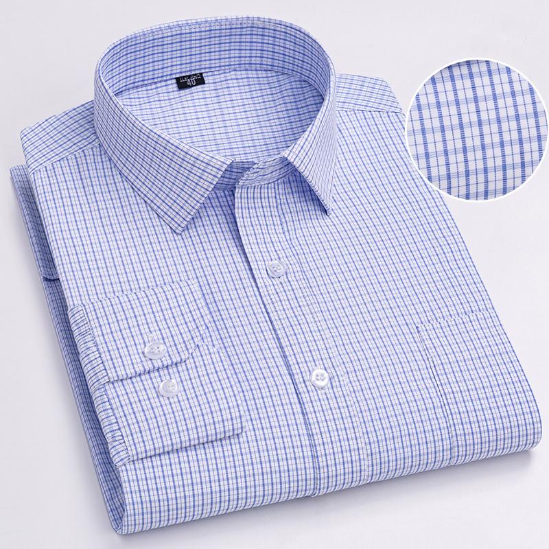 Men's 65% Cotton Long Sleeve Printed Check Dress Shirt Single Patch Pocket Regular-fit Comfortable Versatile Thin Casual Shirts